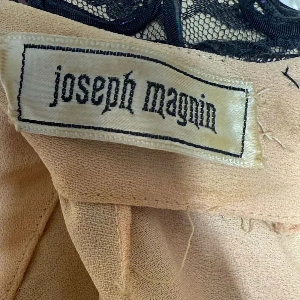 Vintage Joseph Magnin Black Tan 3/4 Sleeve Shift Mini Dress Size 9-10 Lace 60s_12